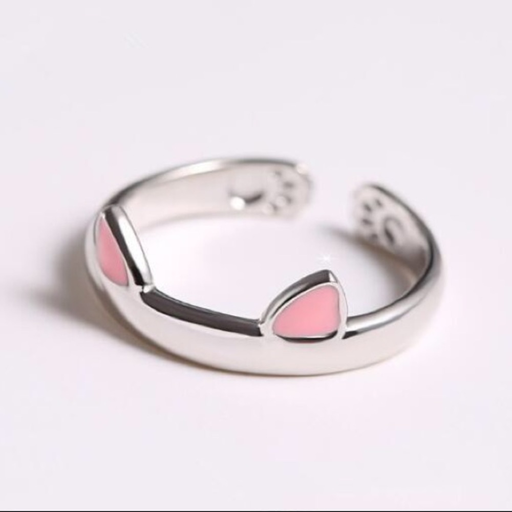 Pink Silver Cat Ears Ring